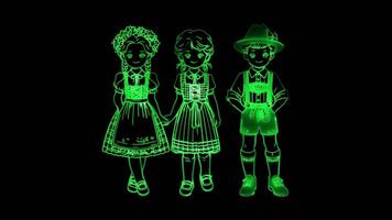 Neon frame effect,children dressed in traditional Austrian attire child wearing a Dirndl, glow, black background. video