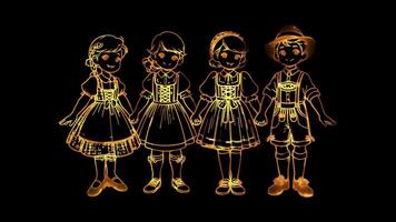 Neon frame effect,children dressed in traditional Austrian attire child wearing a Dirndl, glow, black background. video