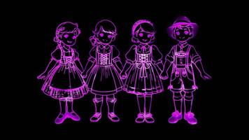 Neon frame effect,children dressed in traditional Austrian attire child wearing a Dirndl, glow, black background. video