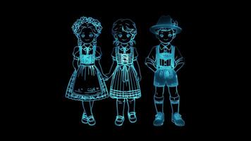 Neon- Rahmen Wirkung, Kinder gekleidet im traditionell österreichisch Kleidung Kind tragen ein Dirndl, glühen, schwarz Hintergrund. video