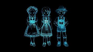 Neon frame effect,children dressed in traditional Austrian attire child wearing a Dirndl, glow, black background. video