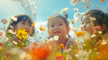 World Children's Day concept. Photo portrait of cute smiling Asian girls in nature between flowers