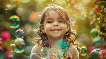 mundo para niños día concepto. foto retrato de sonriente niña y disfrutando jabón burbujas en naturaleza