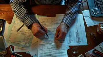 Underwriter reviewing client info for mortgage. Agent reading financial documents for loan approval photo