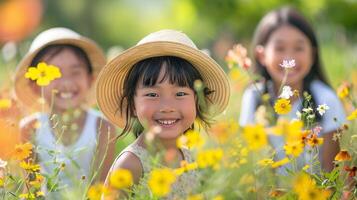 Children's Day concept. Photo portrait of cute smiling Asian girls in traditional clothes in summer