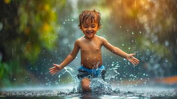 mundo para niños día concepto. foto retrato de chico corriendo en agua en bosque. disfrutando infancia