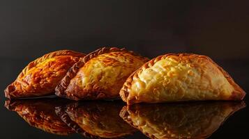 Argentine traditional food. Fried empanada pastry stuffed with beef meat on black background photo