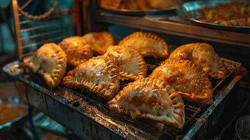 Argentine traditional cuisine food. Empanadas pastry stuffed with beef meat on deep frying grid photo