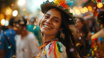 brasileño hermosa joven mujer bailando en festa junina celebracion. niña en tradicional ropa foto