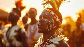 Africa Day liberty and human rights concept. Photo of ethnic African people with native man in front