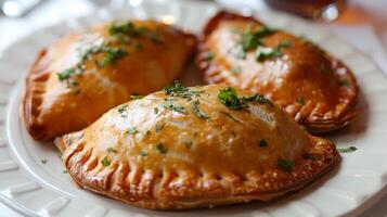 argentino tradicional alimento. Tres frito empanadas Pastelería relleno con carne de vaca carne en plato foto