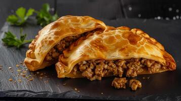 Argentine traditional food. Two cutted empanadas pastry stuffed with beef ground meat photo