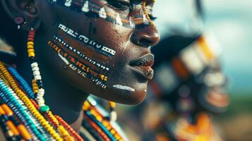 Africa Day photo concept of liberty. Female portrait of handsome African woman with painted face