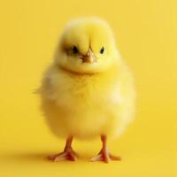 Little cute chicken on a yellow background photo