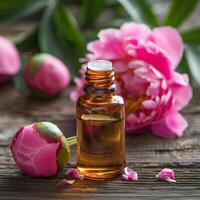 Peony essential oil in bottle photo