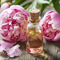 Essential peony oil in jar photo