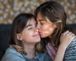 Girl kissing mother on cheek photo