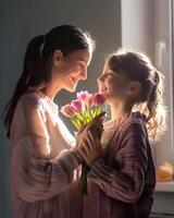 Mother with flowers from daughter photo