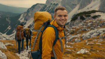 Happy man with friends with backpack for hiking mountain, travel or sightseeing photo