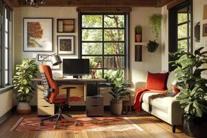 Stylish and modern home office setup with natural light and green plants, showcasing a comfortable and productive remote work environment photo