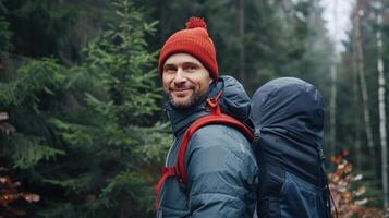 Happy man with backpack for hiking mountain, travel or sightseeing photo