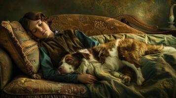 A boy peacefully sleeping with his dog photo