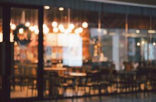 Blurred image of coffee shop with bokeh light background. photo