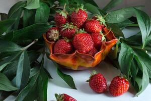 maduro rojo fresas baya en un naranja florero foto