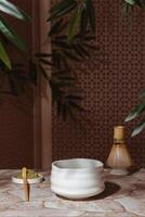 Japanese tea ceremony with a matcha. Tyawan, tyasaku, tyasen on a stone table top among bamboo leaves with copy space photo