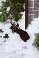 A black rabbit in artificial snow looks in the mirror. The symbol of the year in snow decorations photo