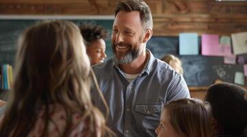 portrait of a caucasian teacher in the classroom, child behind him photo