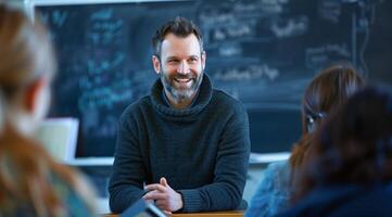 portrait of a caucasian teacher in the classroom, child behind him photo