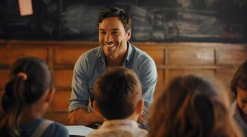 portrait of a caucasian teacher in the classroom, child behind him photo