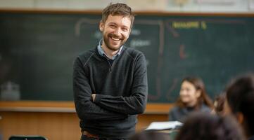 portrait of a caucasian teacher in the classroom, child behind him photo