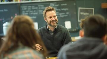 portrait of a caucasian teacher in the classroom, child behind him photo