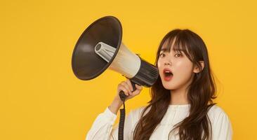 Cheerful of cute Asian woman holding megaphone making announcement. photo