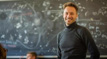 portrait of a caucasian teacher in the classroom, child behind him photo