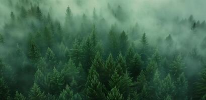 Misty landscape with fir forest in vintage retro style photo