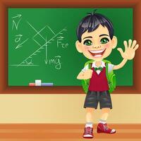 smiling schoolboy near blackboard vector