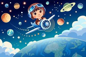 dibujos animados niño piloto en espacio aventuras vector