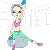 fitness girls lifting dumbbells in the gym vector