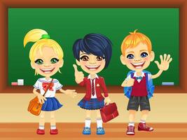 smiling schoolchildren near blackboard vector