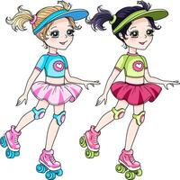 two baby girls Roller Blading vector