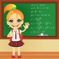smiling schoolgirl near blackboard vector