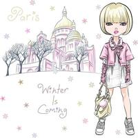 fashion girl in winter clothes in Paris vector