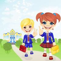 happy schoolgirl and schoolboy near school vector