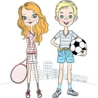 girl with a tennis racket and sports boy with soccer ball vector