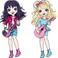 two girls playing guitar vector