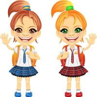 smiling chestnut and redhead cute schoolgirls vector