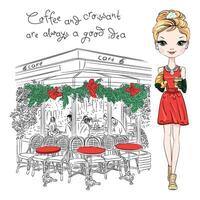 fashion girl with coffee and croissant vector